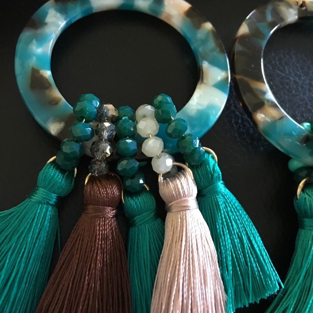 Turquoise acetate beaded fringe dangle earrings - Picture 3 of 8
